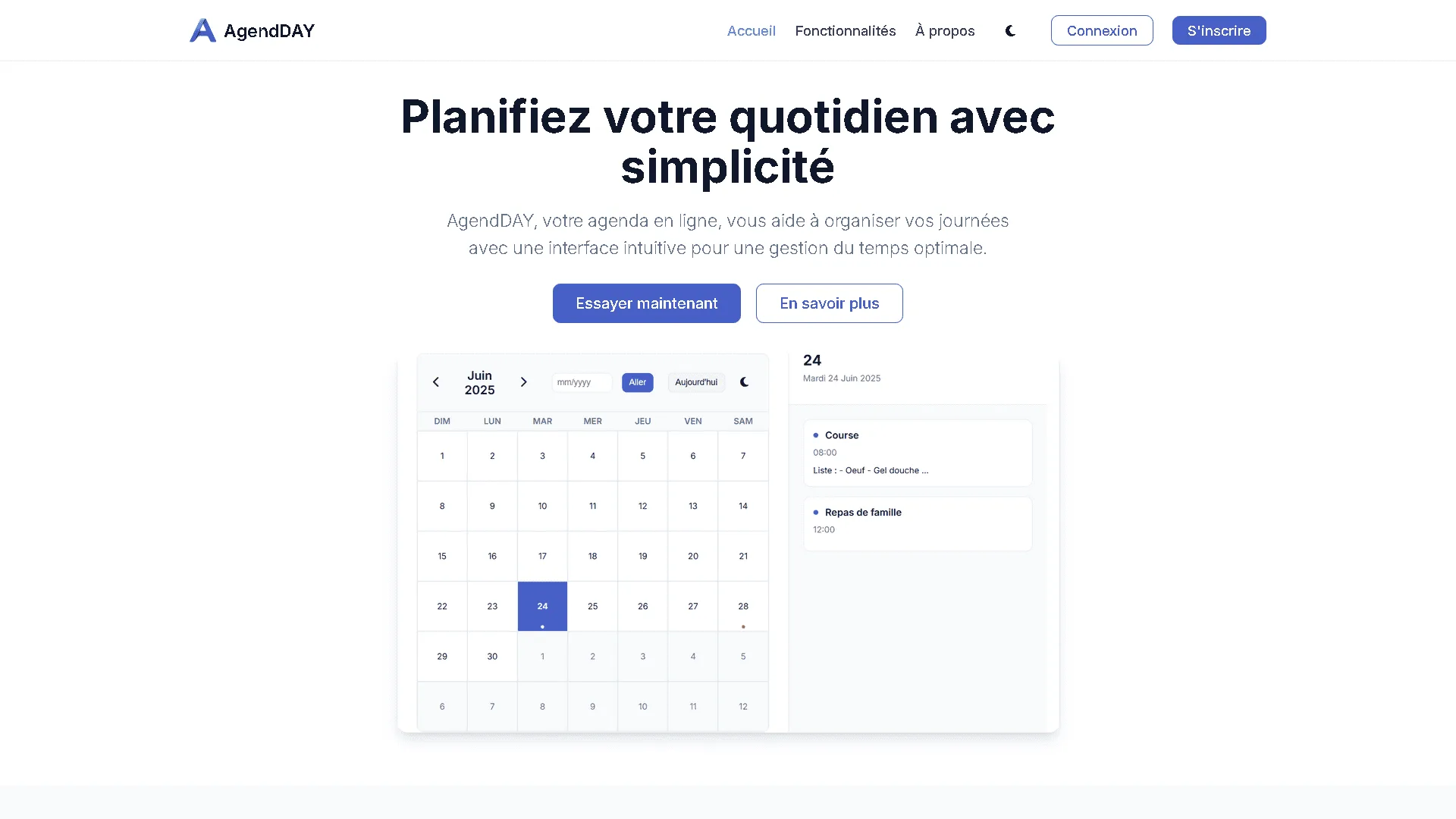 agendDAY — hero section avec thème clair