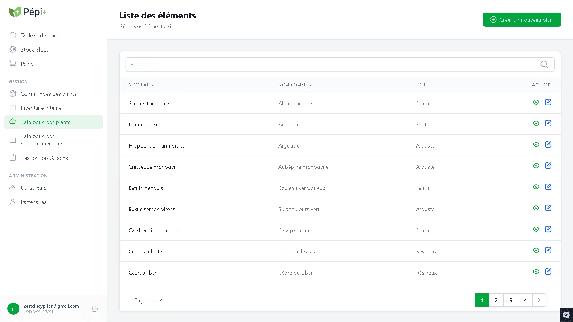 Catalogue des plants