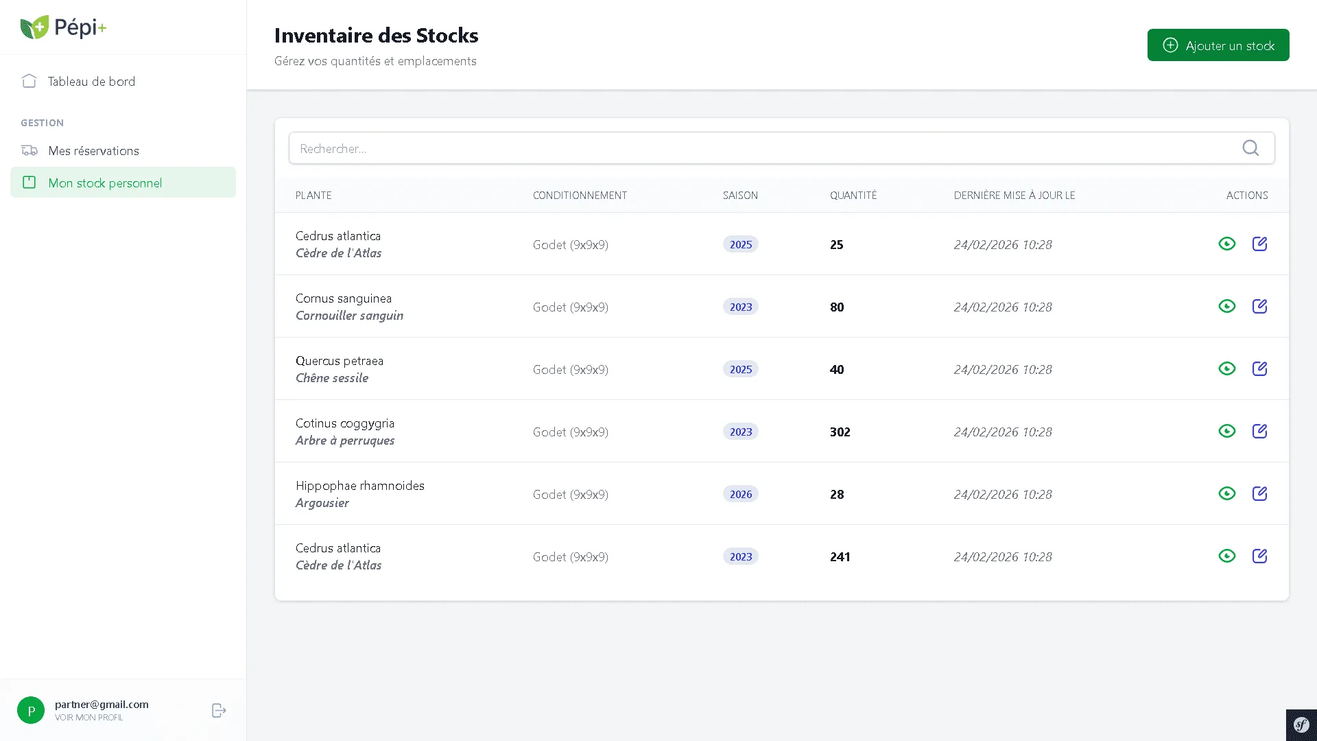 Stock personnel du partenaire