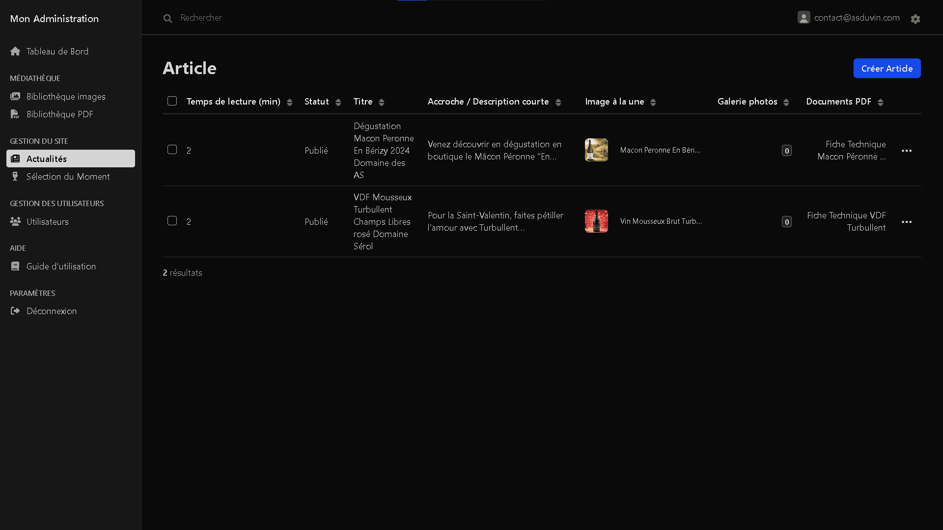 Backoffice EasyAdmin As du Vin