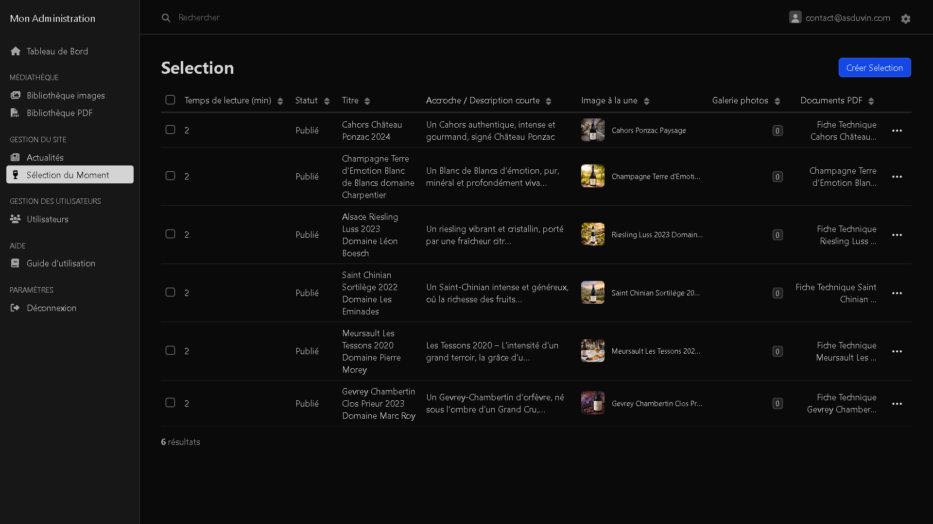 Backoffice sélections As du Vin